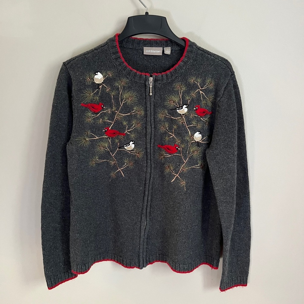 Croft & Barrow Gray Cardinal Bird Embroidered Zip Cardigan Sweater L Silk Blend